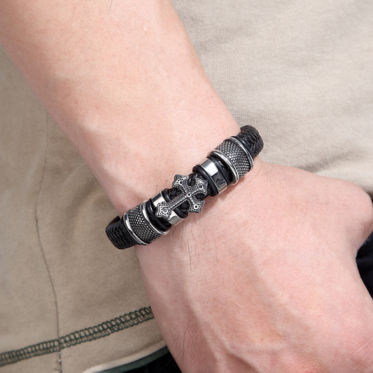 Handmade Leather - Braided Cross Men's Bracelet - A Delicate Collision of Fashion and Faith