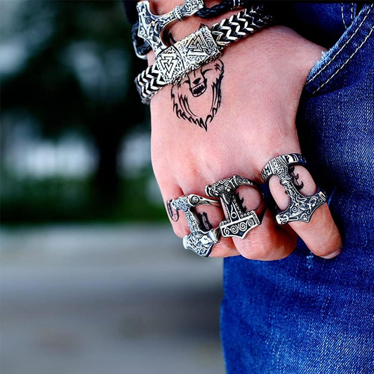 Men's Mjölnir Ring, Norse Mythology Rune Jewelry Viking Thor's Hammer Celtic Knot Symbol Ring Gothic Vintage Stainless Steel Amulet Gift