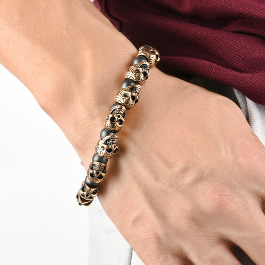 Mens Genuine Onyx Stainless Steel Skull Beaded Bracelet