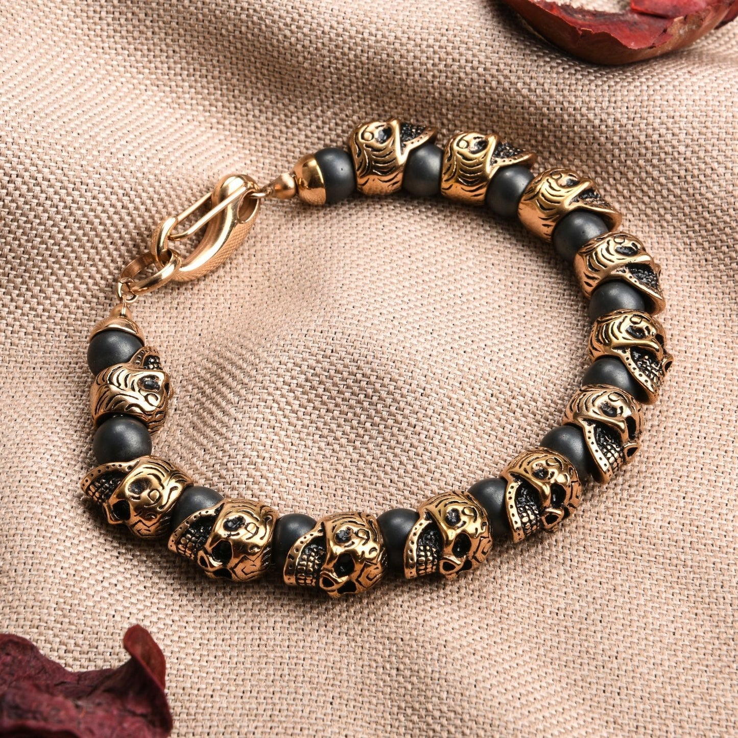 Mens Genuine Onyx Stainless Steel Skull Beaded Bracelet