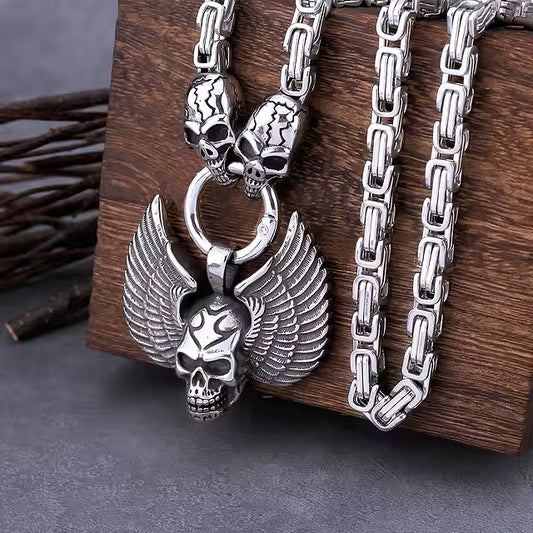 Winged Skull Titanium Steel Pendant with Ghost Head Chain