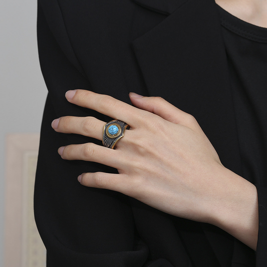 Retro blue turquoise personalized Indian style stainless steel ring