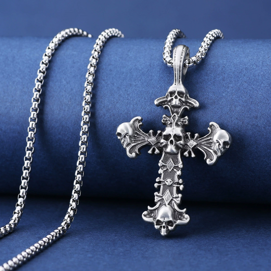 Pure Pewter Diablo Style Gothic Cross Skull Necklace