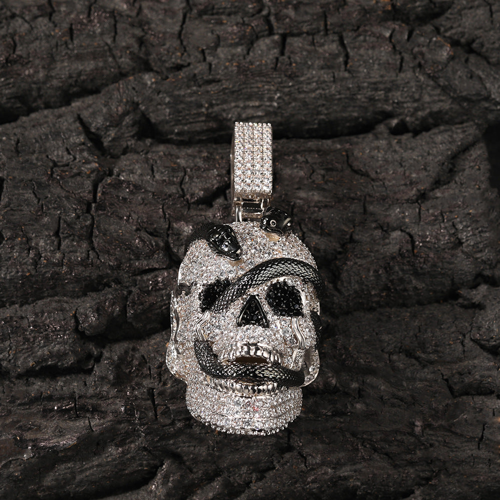 Copper inlaid zircon snake skull pendant necklace
