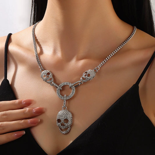 Silver rhinestone skull necklace
