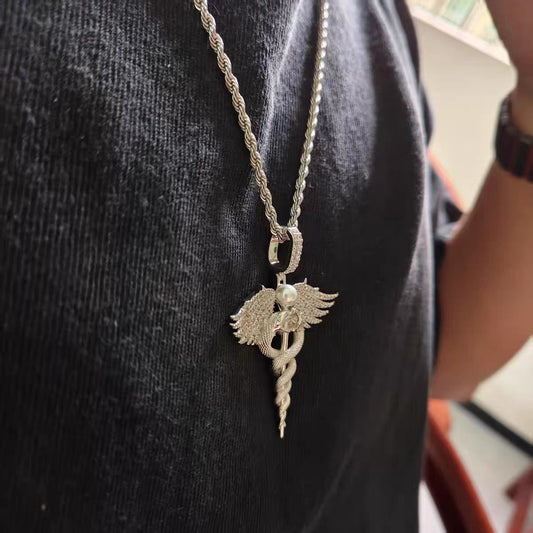 Double Snake Inspired Scepter Stainless Steel Pendant Necklace