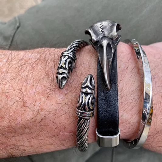 Viking Bracelet Pirate Skull Raven Cowhide Stainless Steel Men's Bracelet