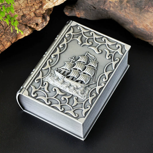 Metal Jewelry Box in Book - like Shape: Caribbean Pirate - themed Home Decorative Box with Unique and Elegant Carvings