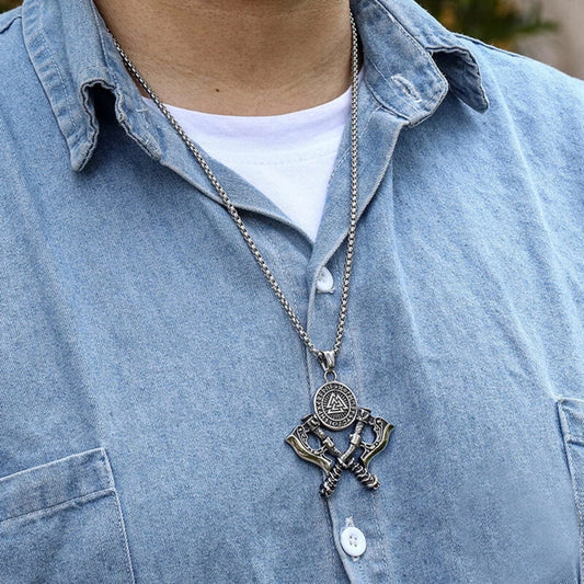 Viking Axe & Vegvisir Stainless Steel Pendant - Embrace Norse Valor
