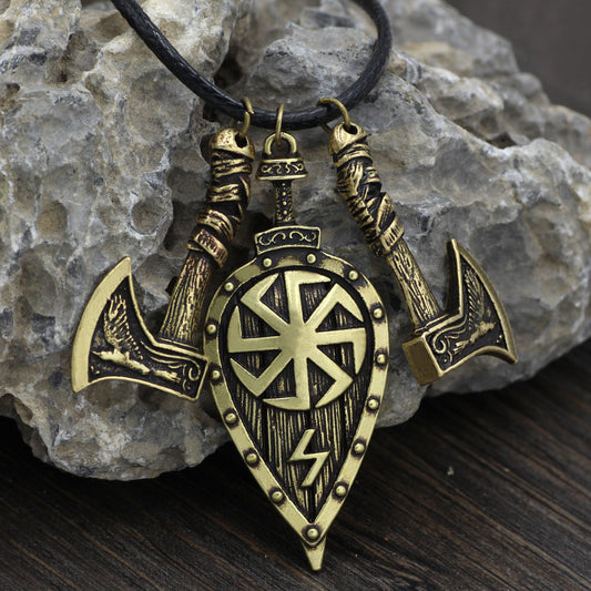 Nordic Viking Double Axe Leaf Retro Pendant Necklace