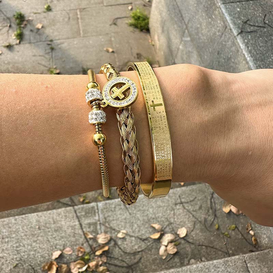 Stainless Steel Bracelet with Cross Pendant, Roman Letters and Micro - set Cubic Zirconia