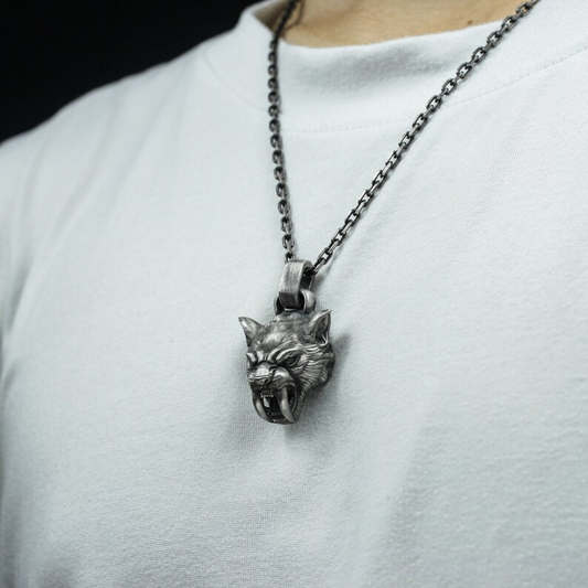 3D engraved titanium saber-toothed tiger necklace