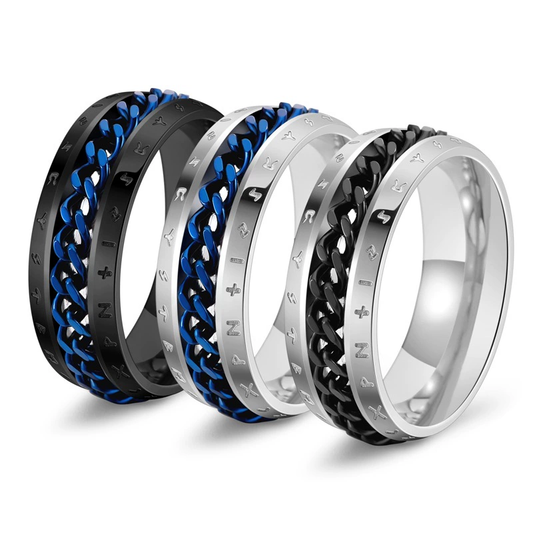 Nordic Viking Script Chain Ring for Trendy Men. Made of Titanium Steel, with Bottle - opener Function and Rotatable Feature
