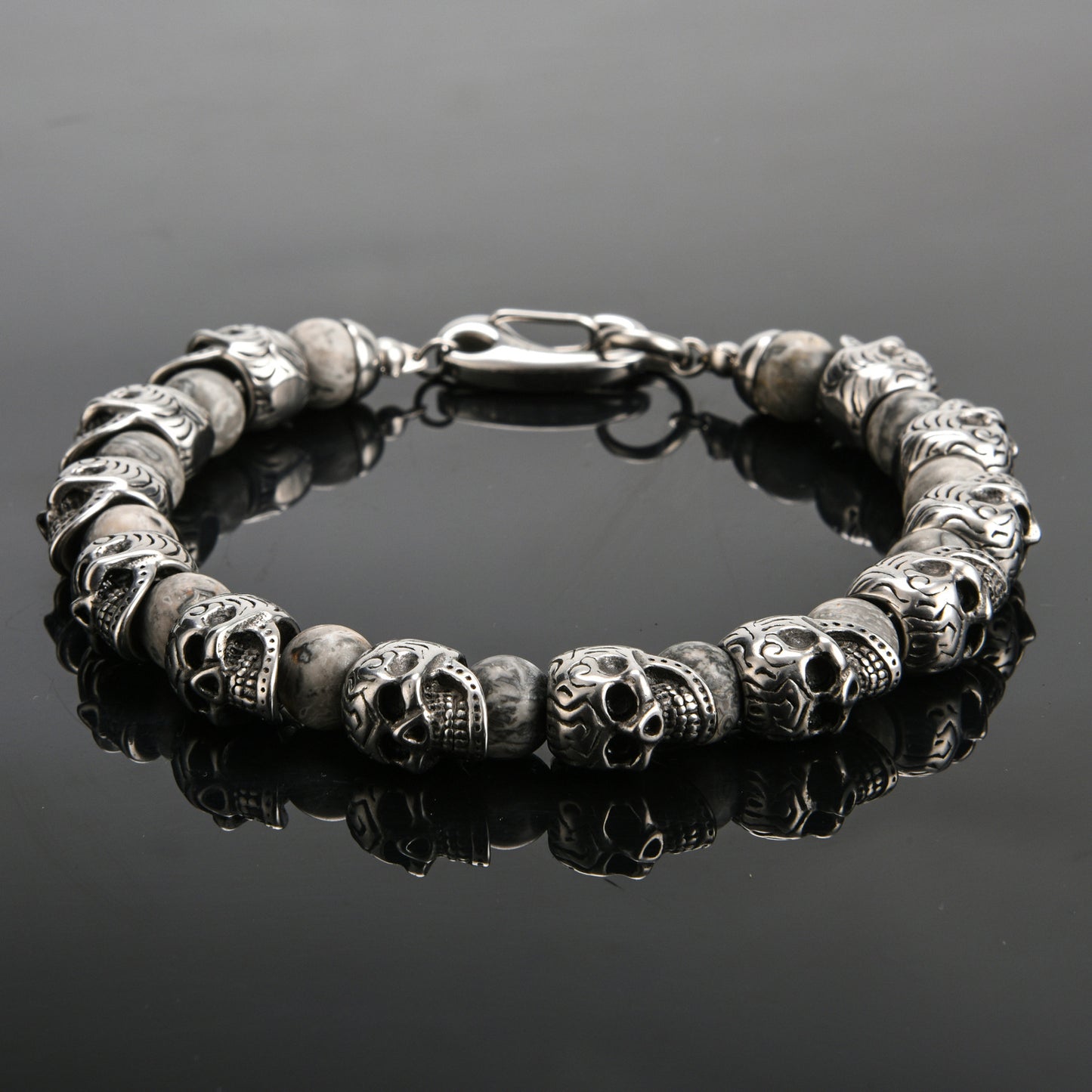 Mens Genuine Onyx Stainless Steel Skull Beaded Bracelet