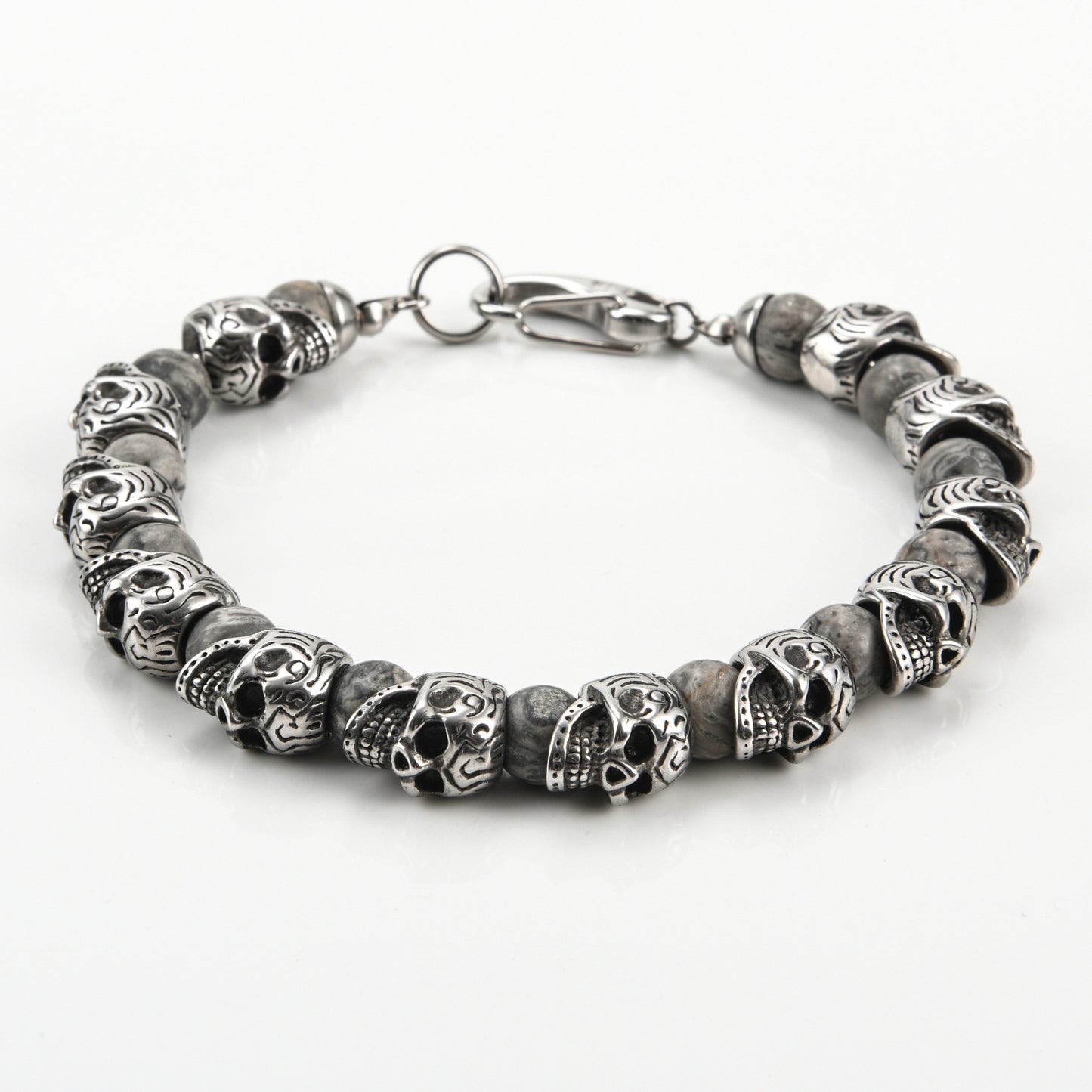 Mens Genuine Onyx Stainless Steel Skull Beaded Bracelet