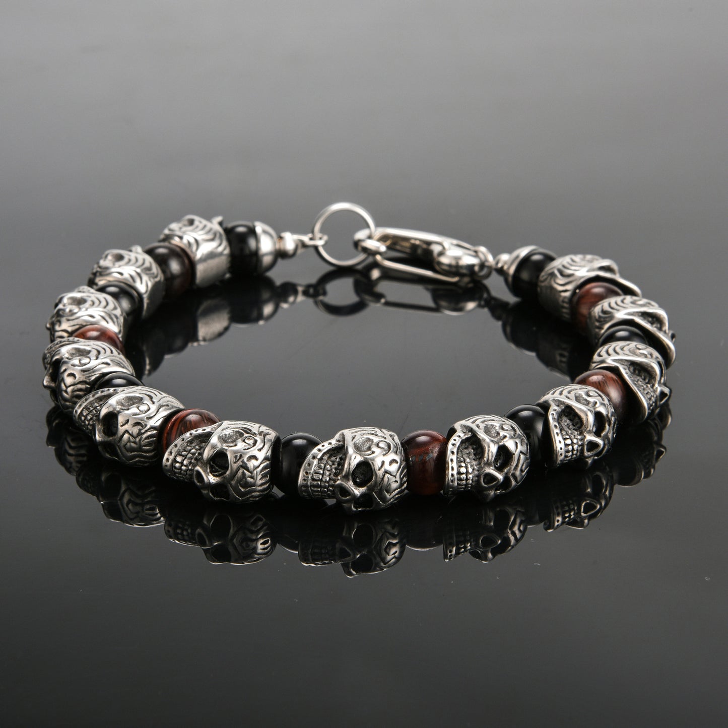 Mens Genuine Onyx Stainless Steel Skull Beaded Bracelet