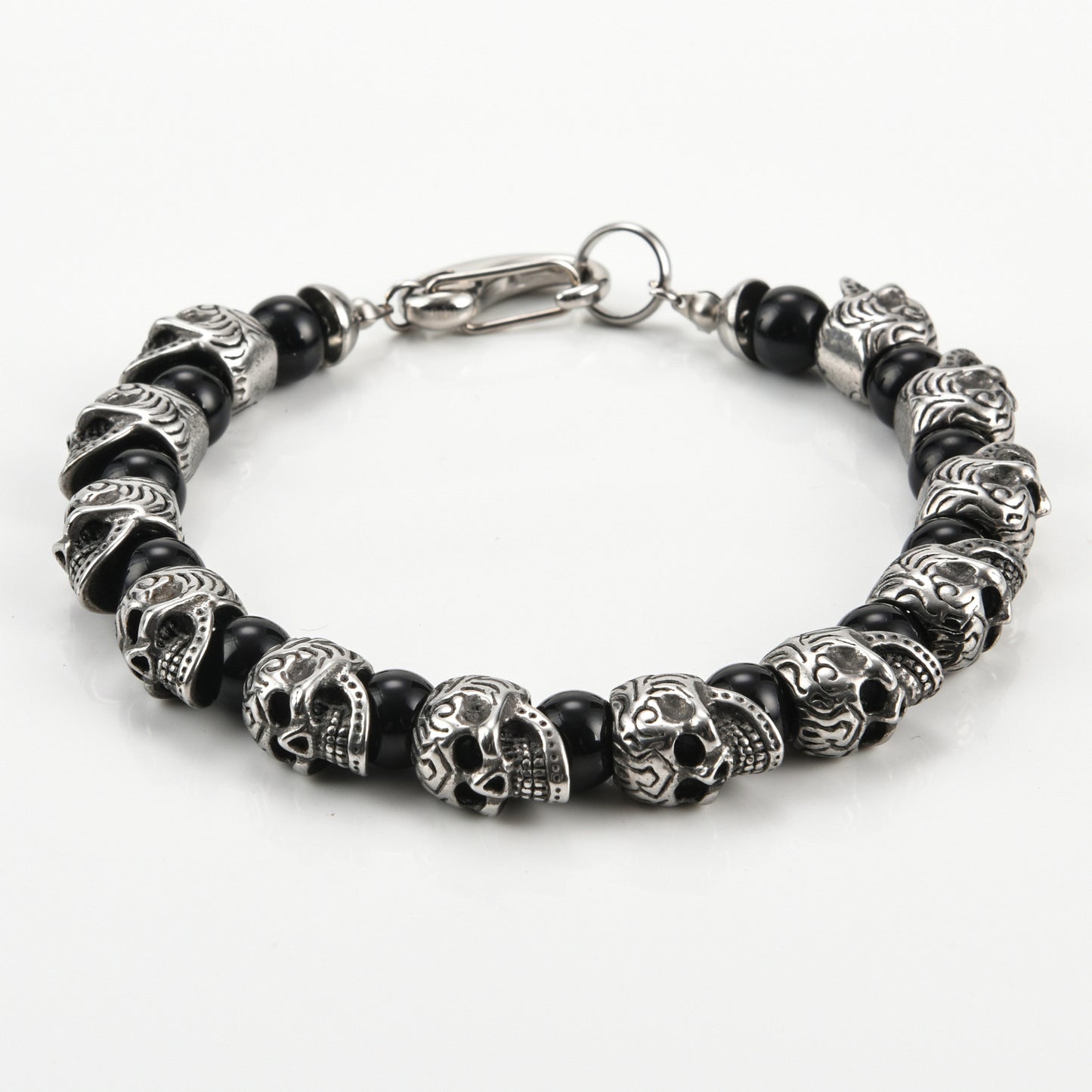Mens Genuine Onyx Stainless Steel Skull Beaded Bracelet