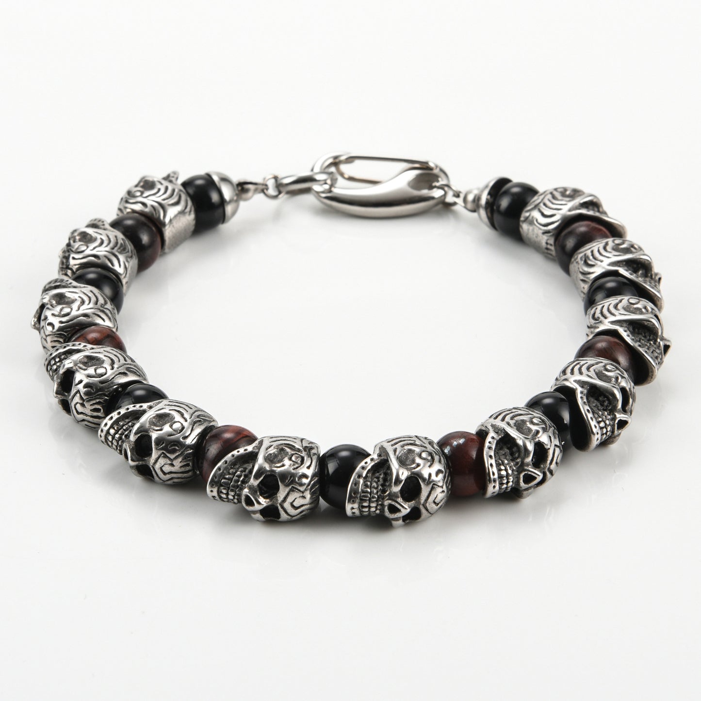 Mens Genuine Onyx Stainless Steel Skull Beaded Bracelet