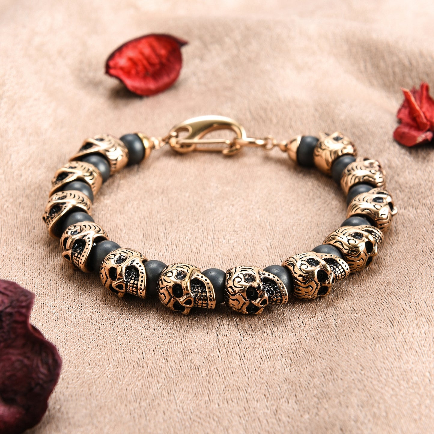 Mens Genuine Onyx Stainless Steel Skull Beaded Bracelet