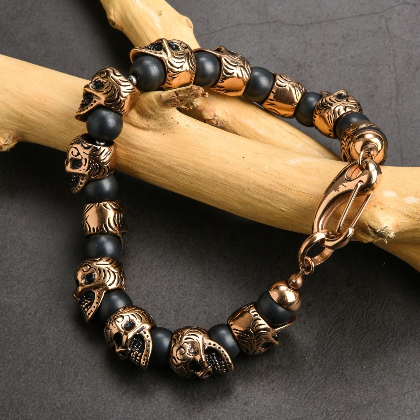 Mens Genuine Onyx Stainless Steel Skull Beaded Bracelet