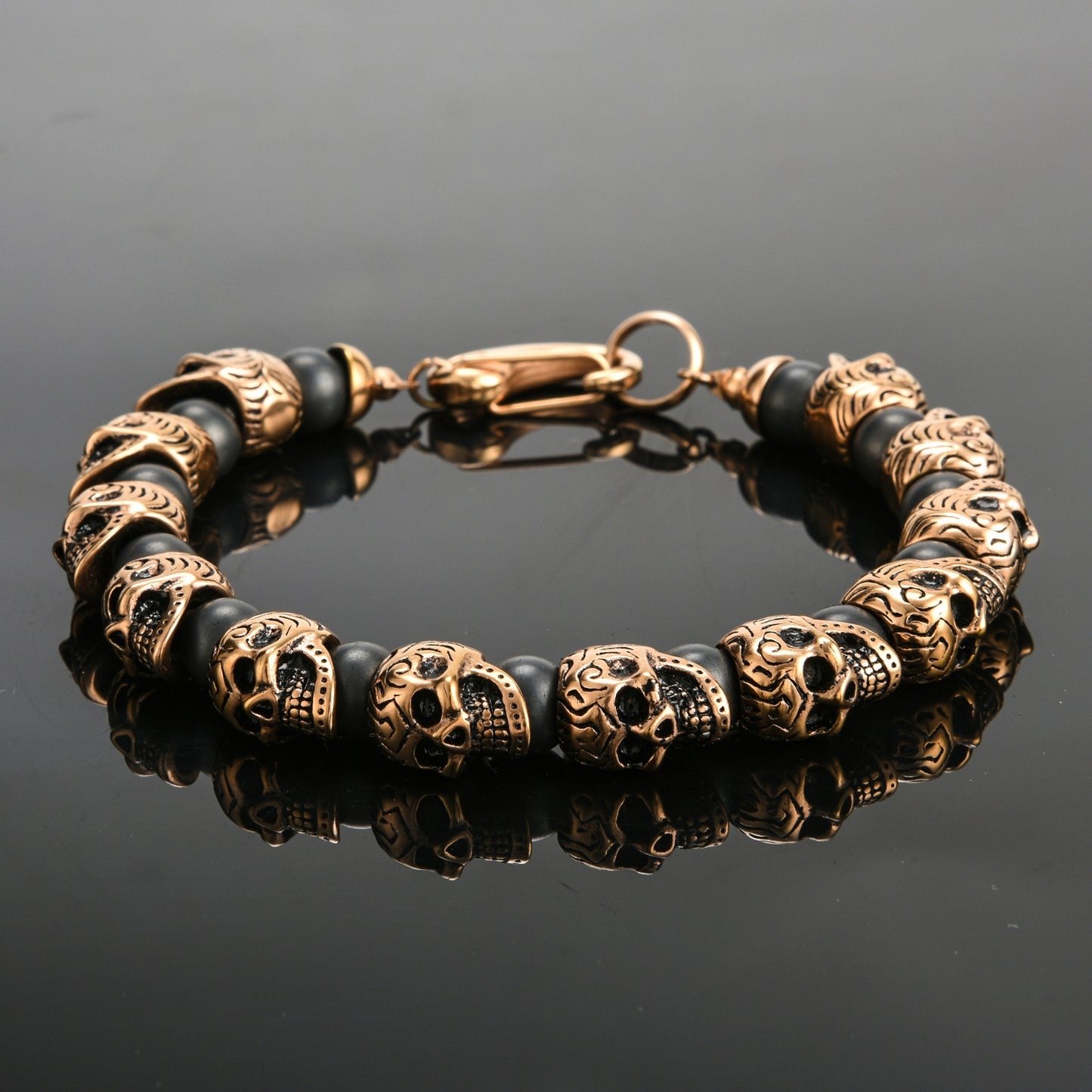 Mens Genuine Onyx Stainless Steel Skull Beaded Bracelet