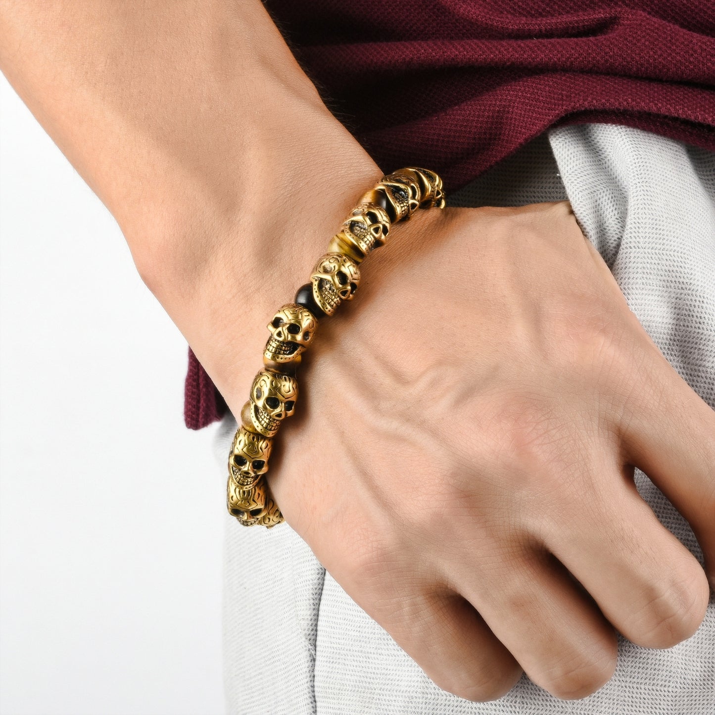 Mens Genuine Onyx Stainless Steel Skull Beaded Bracelet