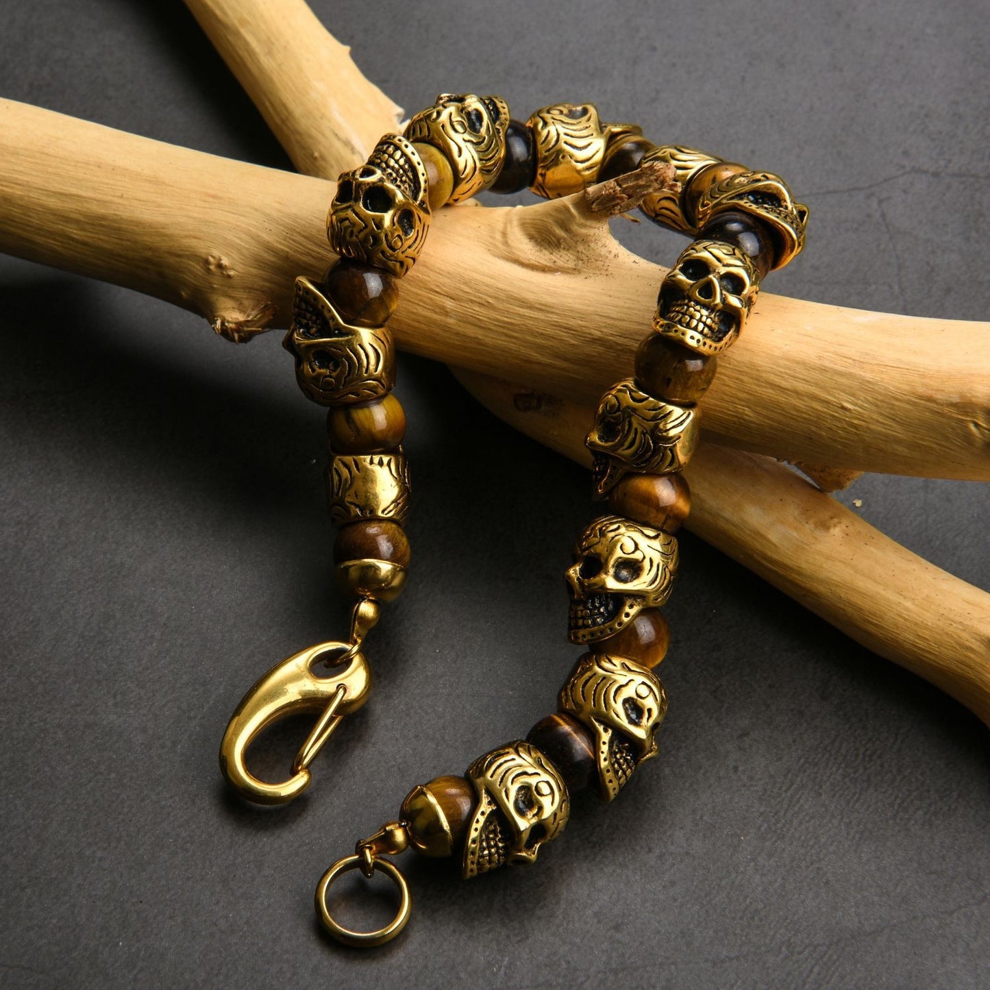 Mens Genuine Onyx Stainless Steel Skull Beaded Bracelet