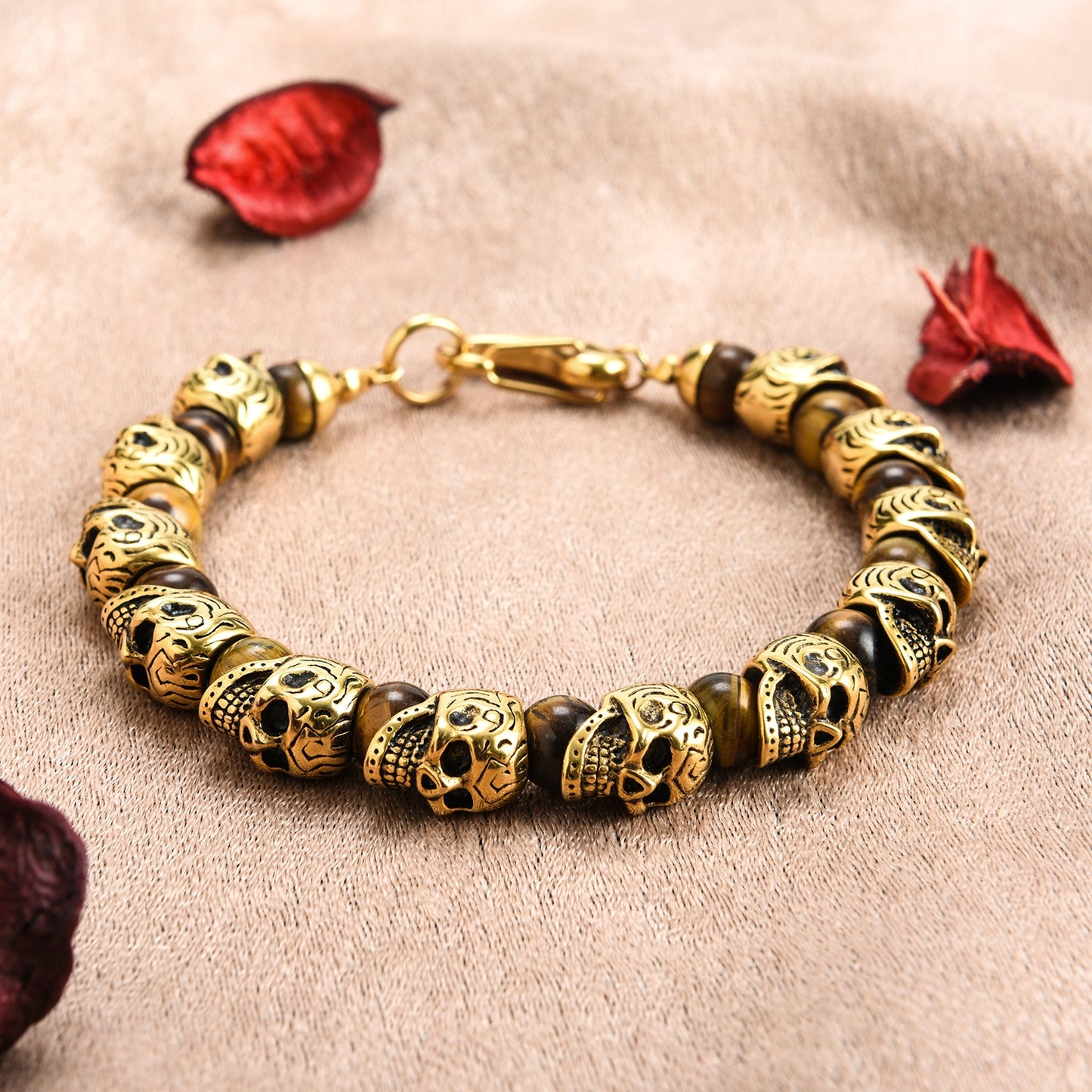 Mens Genuine Onyx Stainless Steel Skull Beaded Bracelet