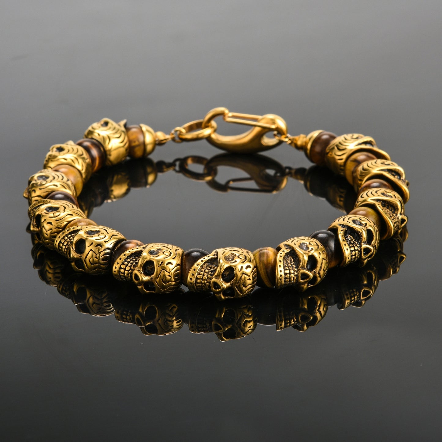 Mens Genuine Onyx Stainless Steel Skull Beaded Bracelet