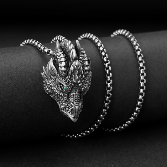 Pure Tin Silver Dragon Vintage - style Men's Necklace Pendant