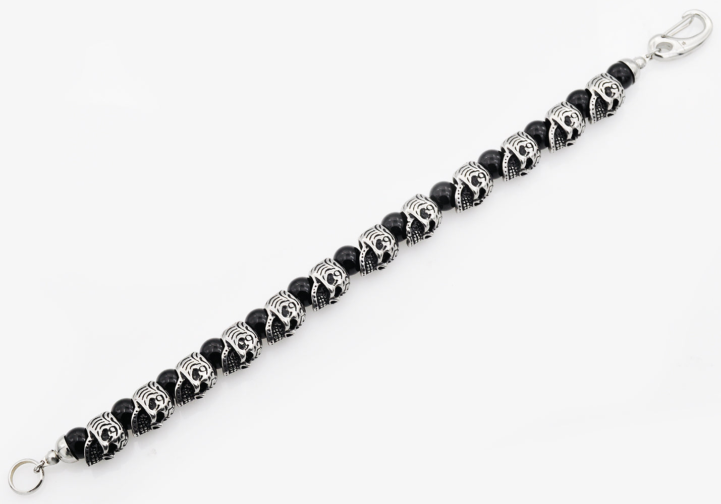 Mens Genuine Onyx Stainless Steel Skull Beaded Bracelet
