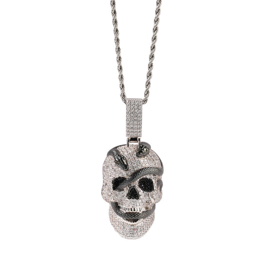 Copper inlaid zircon snake skull pendant necklace
