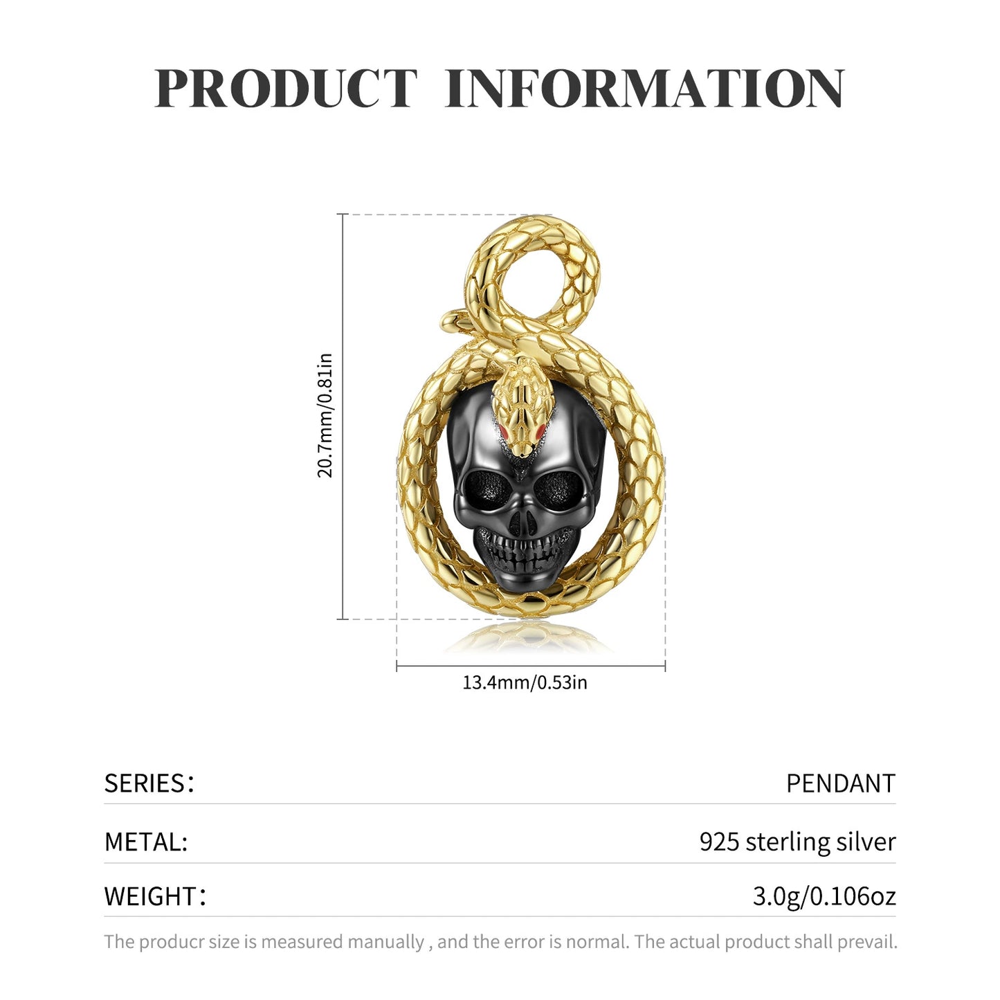 S925 skull snake punk dark style necklace