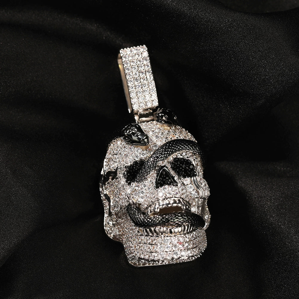 Copper inlaid zircon snake skull pendant necklace