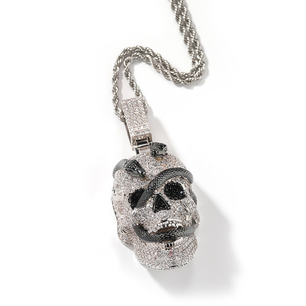 Copper inlaid zircon snake skull pendant necklace