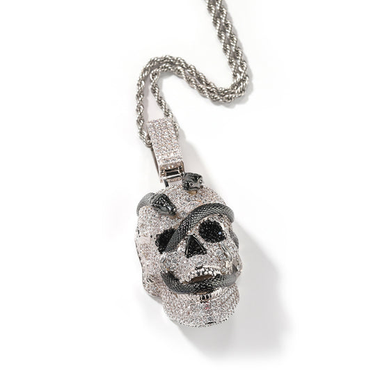 Copper inlaid zircon snake skull pendant necklace