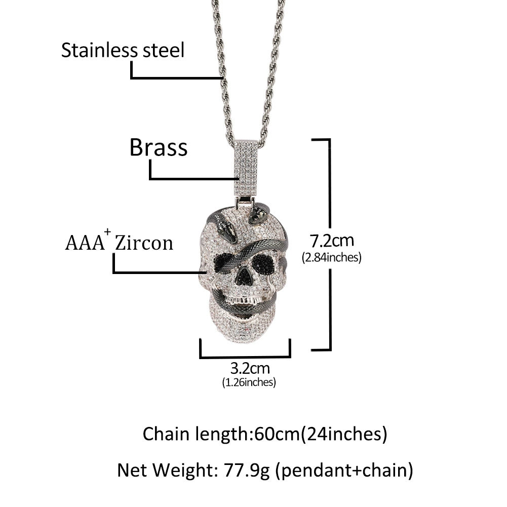 Copper inlaid zircon snake skull pendant necklace