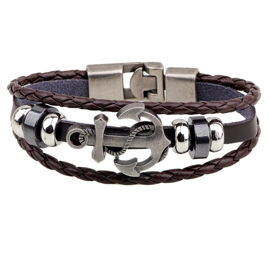 Vintage Anchor Multi - layer Braided Versatile Cowhide Leather Bracelet
